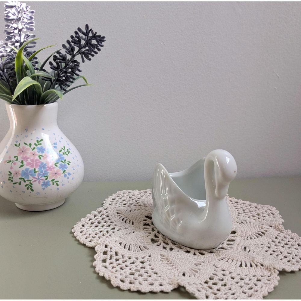 Vintage White Ceramic Swan Planter Mini Bird Vase Mid Century Cottage Decor